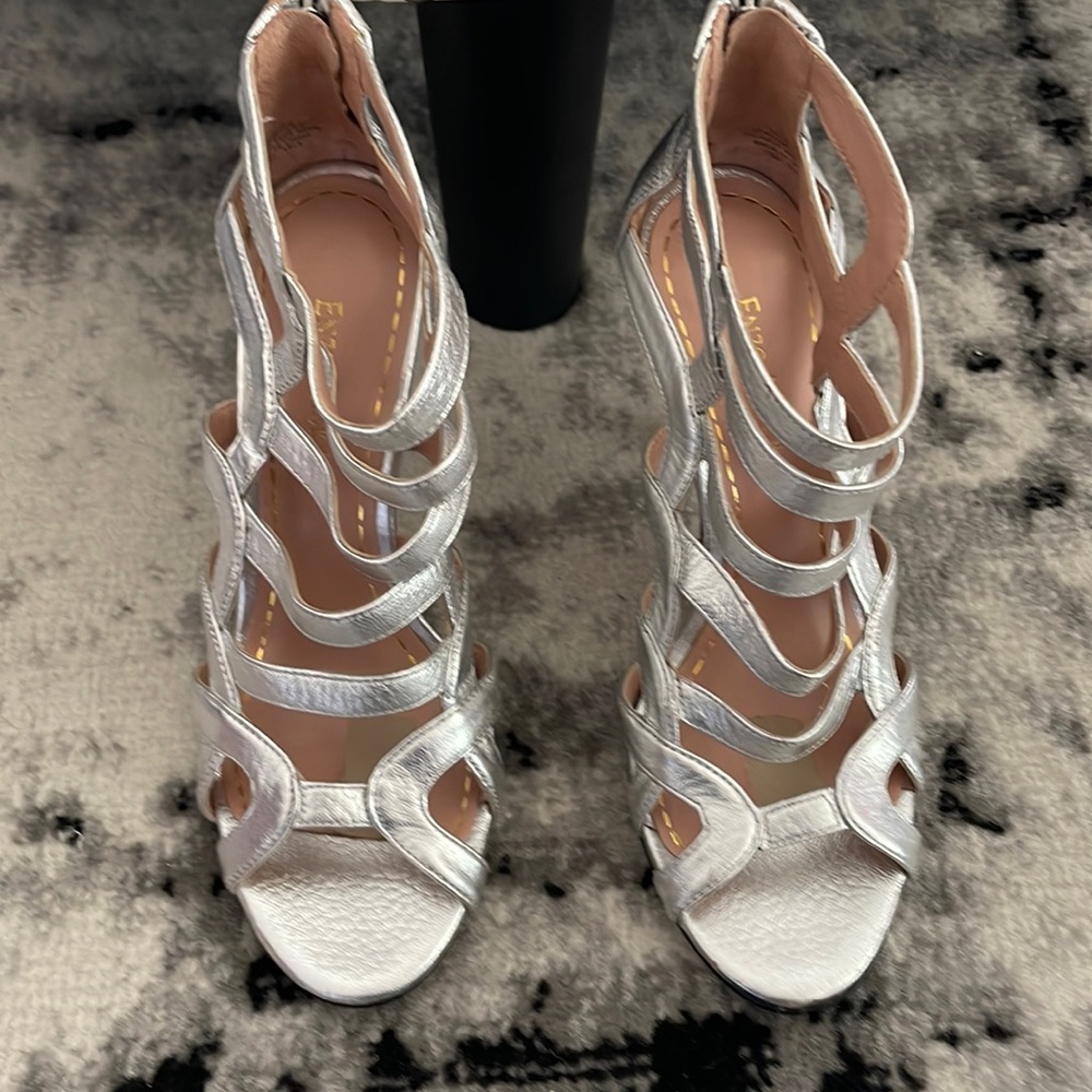 Enzo Angiolini Silver Leather Cage Heels Size 6.5